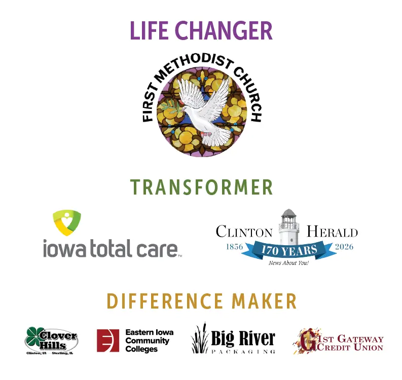 Sponsors: First Methodist Church, Iowa Total Care, Clinton Herald, Clover Hills, Eastern Iowa Community Colleges, Big River Packaging, 1st Gateway Credit Union